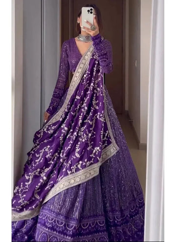 Party Wear Designer purple embroidered thread work georgette lehenga choli.